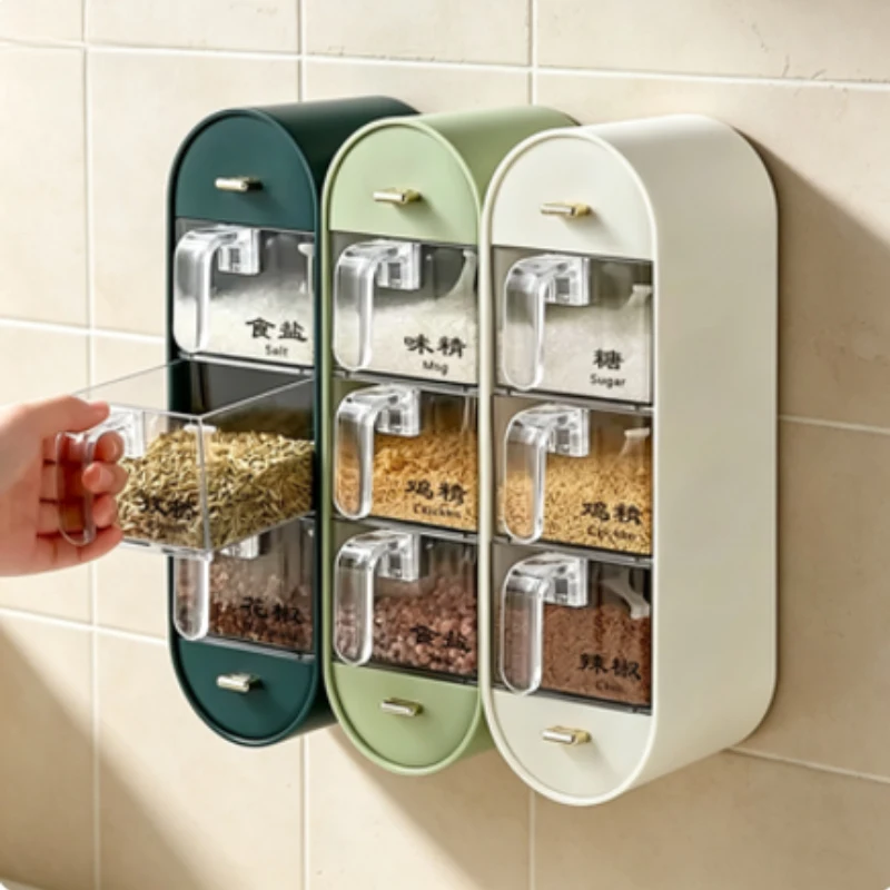 Wall Mounted Sealed Spice Box Set Moisture Proof Kitchen Seasoning Storage Container for Salt Pepper MSG