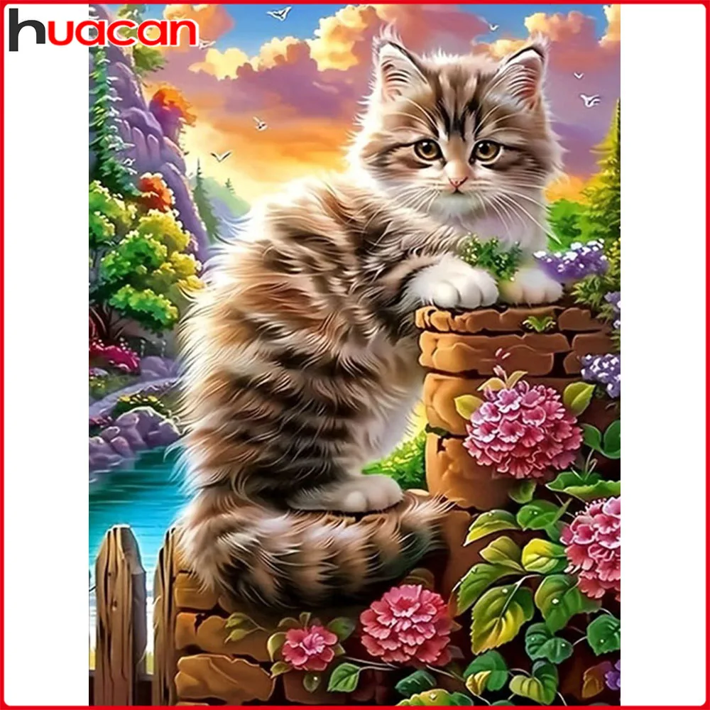 

Huacan Новые поступления 2025 Алмазная картина Кот Цветок Алмазная мозаика Животное Полный комплект Настенный декор