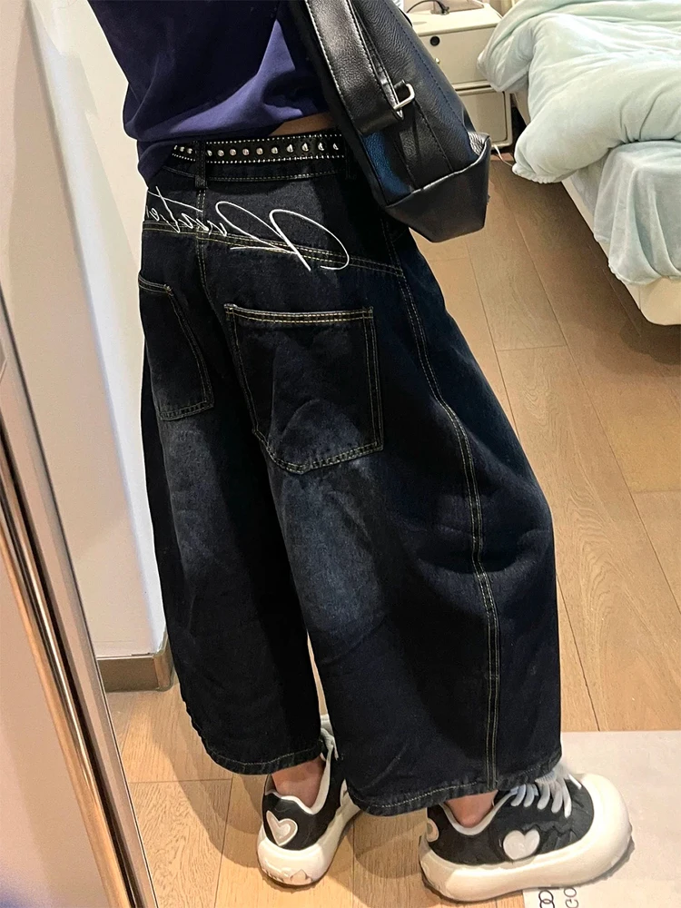 

High Waist Wide Leg Seven-Foot American Retro Denim Jeans Women's Spring Summer Loose Fit Straight Tube Knife Mid-Pants