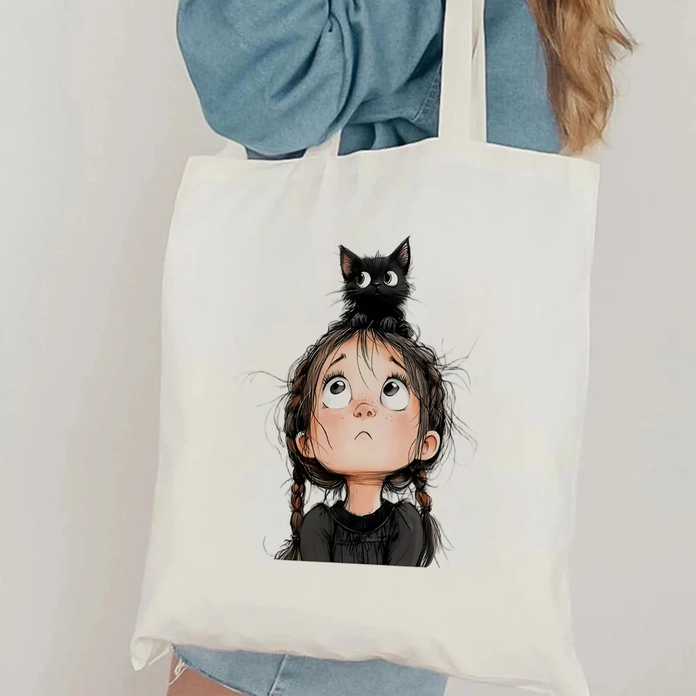 Whimsical Red Hair Girl Peeking Brick Wall Black Kitten Canvas Tote Bag Sketch Design For Young Girls Picnics And City Strolls