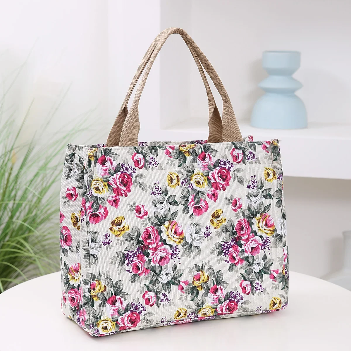 Fashion Floral Print Tote Bag, Portable Canvas Lunch Bag, Women\'s Casual Handbag & Bento Mommy Bag For Picnic Travel