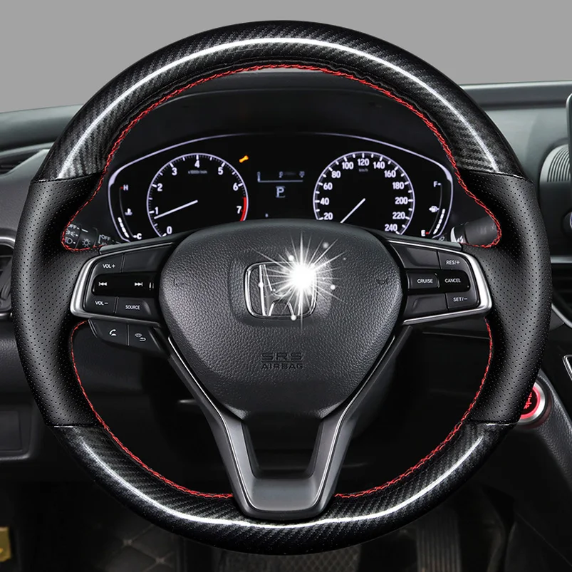 

For Honda 2015-2022 Vezel CRV CR-V Hand Sewn Needle Thread Car Steering Wheel Cover Accessories Interior Carbon Fibre Leather