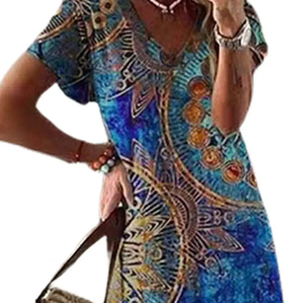 Boho Women Dress Vintage Ethnic Style Dresses Summer Short Sleeve Printed Sexy Split Long Maxi Dress