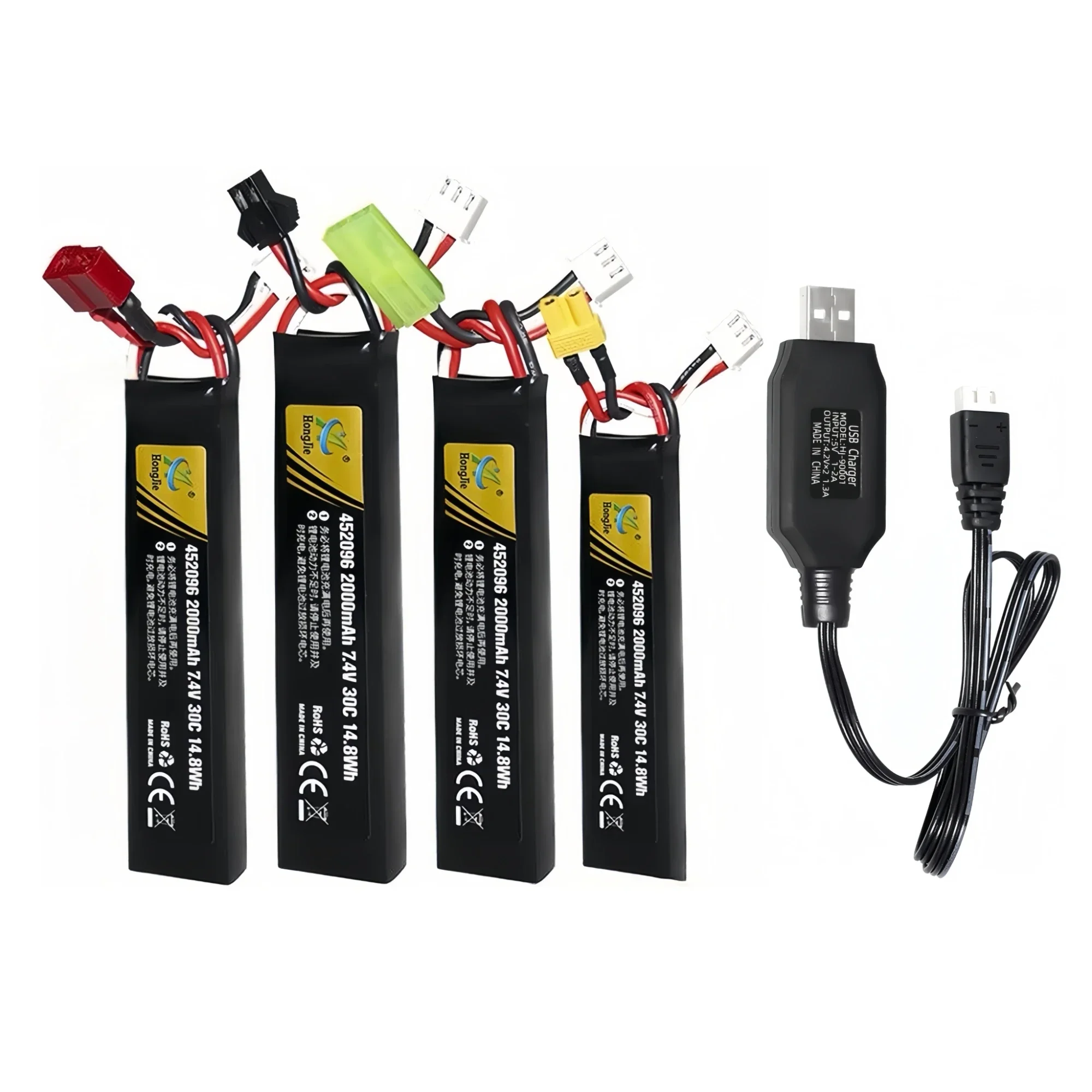 Lipo Battery for Water Gun Airsoft 7.4V 2000mAh with USB charging cable for Soft bullet gunt Remote control car models Lawn lamp