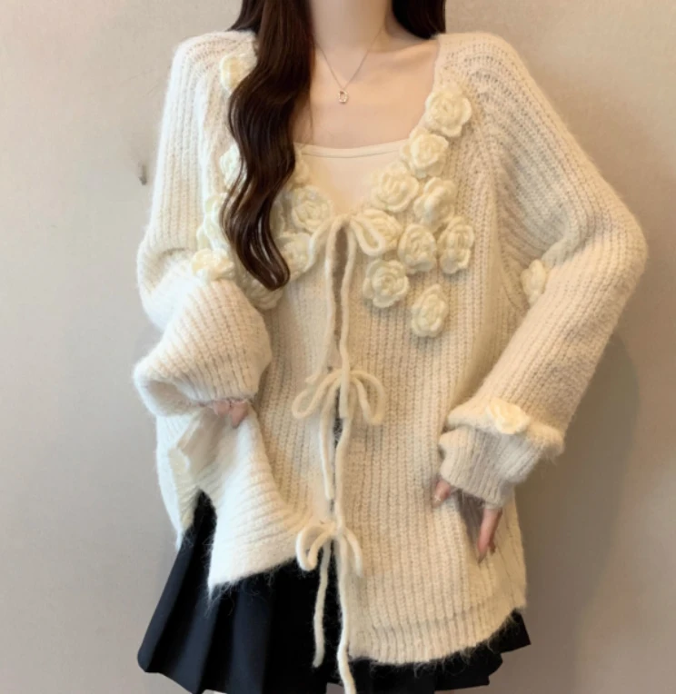 Jesienno-zimowy sweter w dużych rozmiarach, świąteczny, czerwony, z trójwymiarowymi kwiatami, dekolt w serek, słodka dziewczęca moda, luźny, z długim rękawem, dzianinowy top.