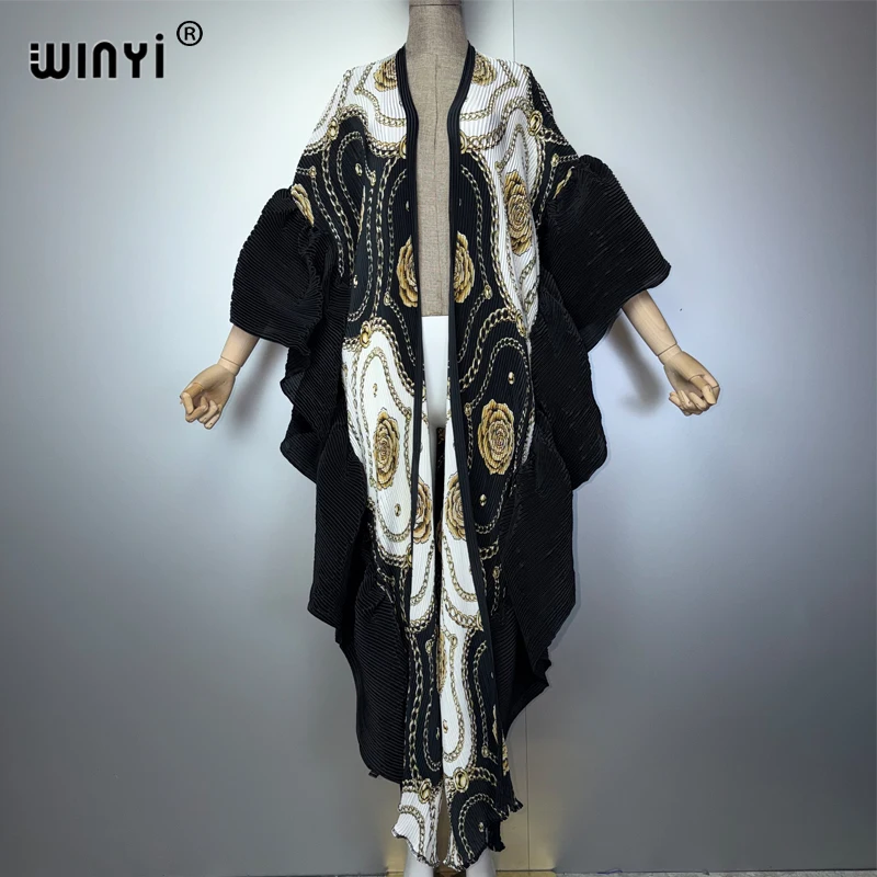 WINYI Women's Fashion Kimono Long Sleeve Cardigan Printed Bubble Hem Boho Dress Cover up Caftan Luxury Beachwear Abaya Dubai Sty