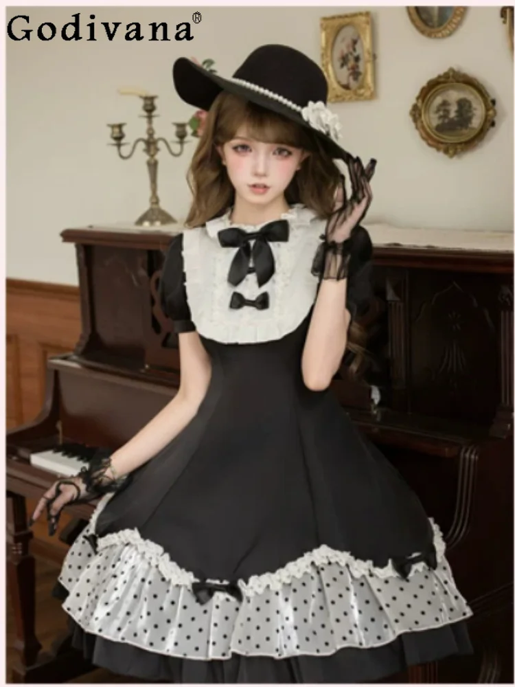 New Sweet Ruffles Crew Neck Vintage Lolita Short Sleeve Dress Black High Waist A-line Age Reduction Short Sleeve Lace Dresses