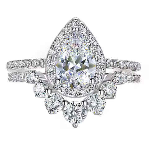 Newshe 1.5 Ct Halo Pear Cut 925 Silver Engagement Ring Set for Women Cambered Wedding Band High Grade Cz Luxury Bridal Jewelry
