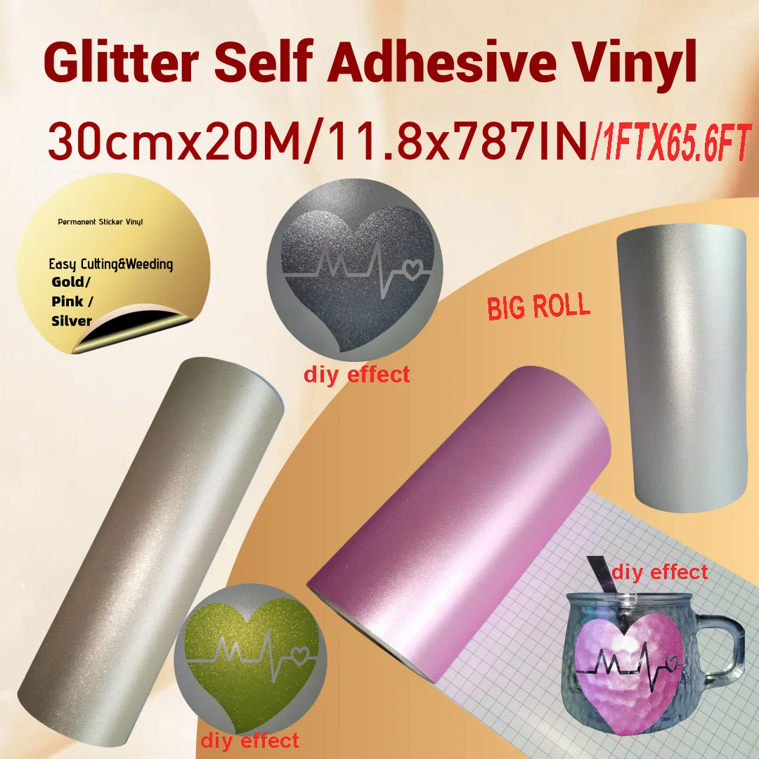 1 Big Roll 1ftx65ft Glitter Self Adhesive Permanent Vinyl DIY Glass Window Cup Mug Car