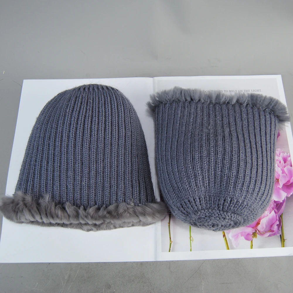 Sombrero de piel de conejo Rex para mujer, gorro cálido de punto, cosido a mano, Floral, elegante, frío, peludo, Natural, invierno, 2024