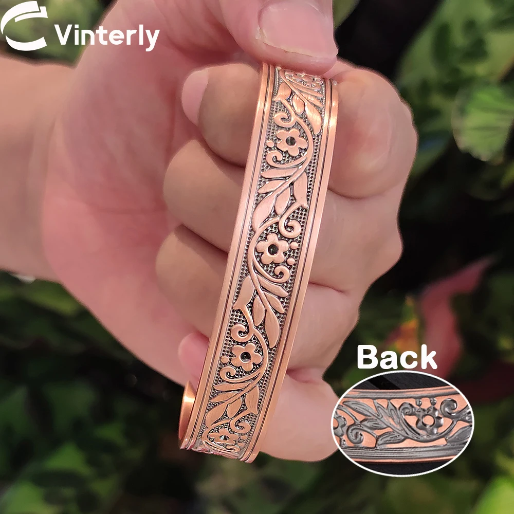 Vinterly Magnetic Copper Bracelets Men 14mm Wide Health Energy High Magnet Vintage Flower Adjustable Cuff Bangles Resizable