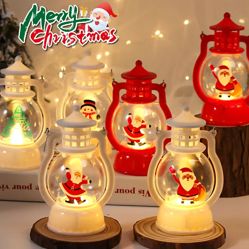 Christmas Portable Lantern LED Night Light Hanging Ornaments Santa Claus Snowman Oil Lamp Battery Operated Xmas New Year Gifts