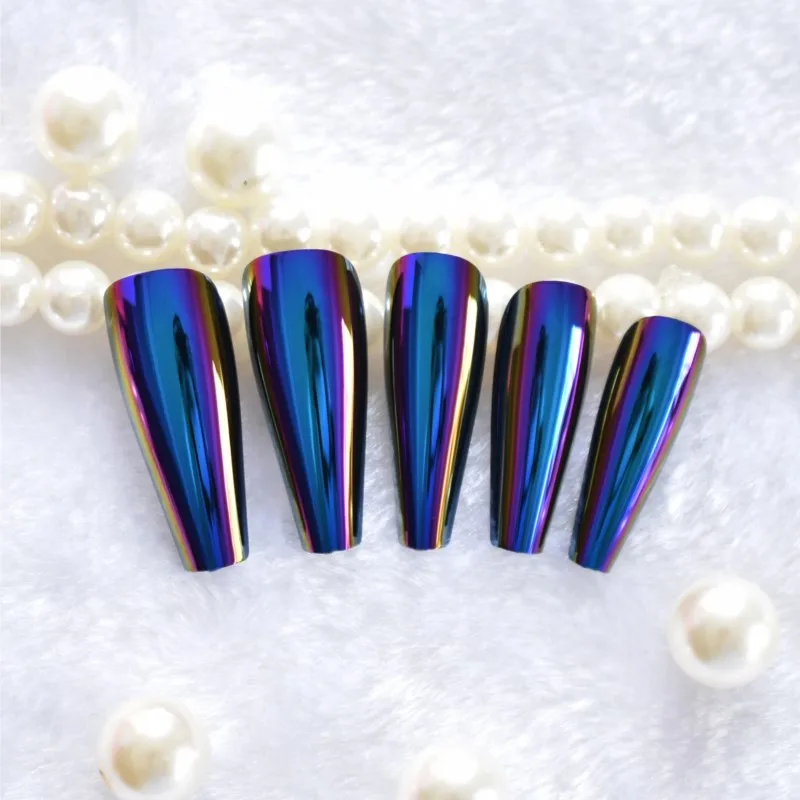 Chrome Diamond Blue Press On Fingernails Metallic Mirror Holo Fake Nails Extra Long Ladies Designed Tips for Finger