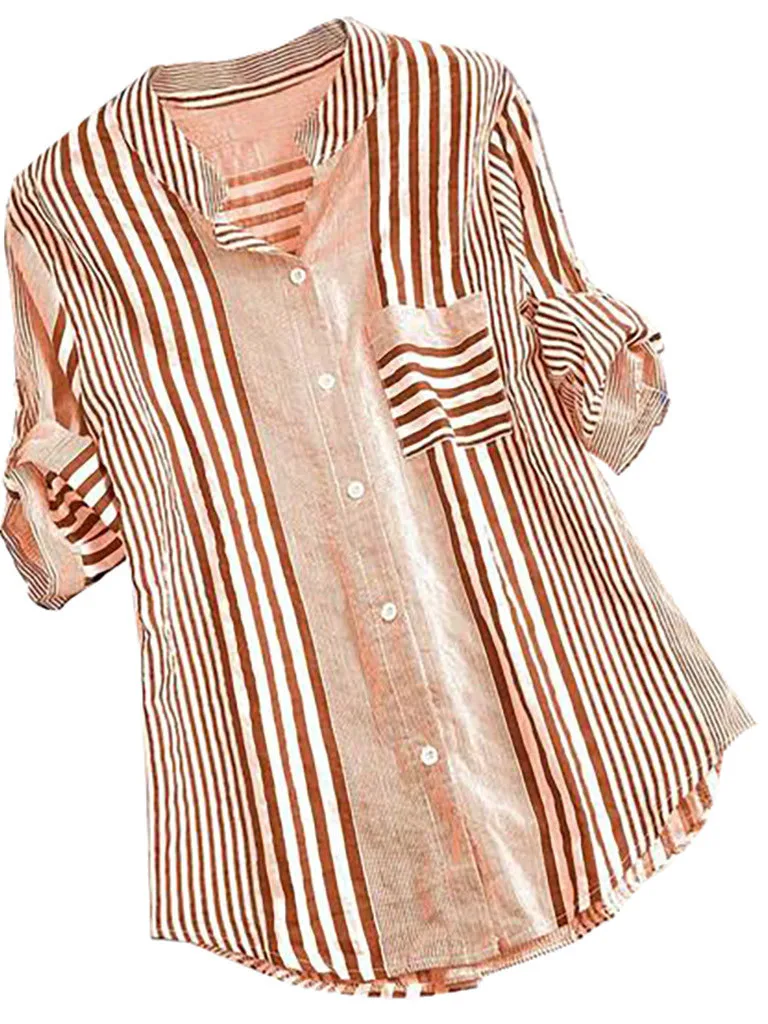 Loose Striped Women's irt Large Size Long Sve Street Sle V-Ne Button up Casual Summer Faion Ladies' Big Fit Top