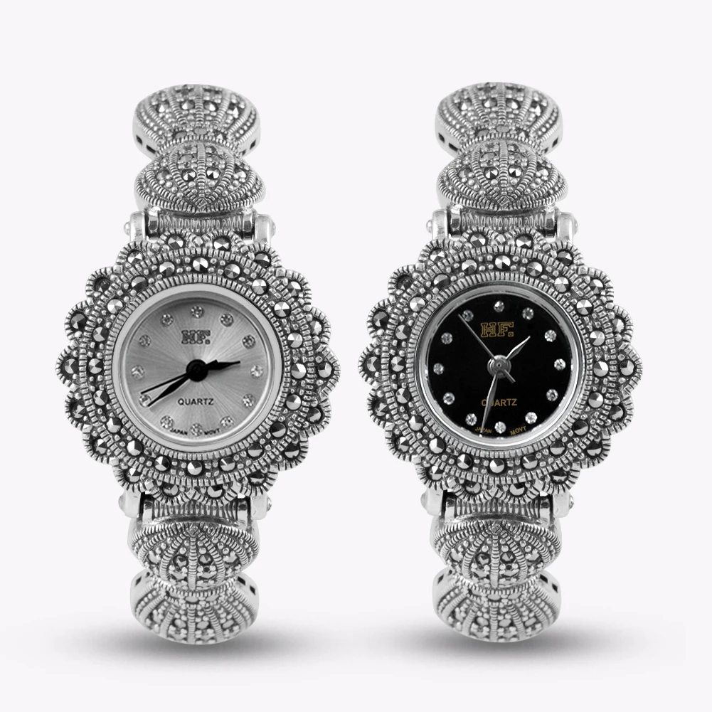 Solid 925 Sterling Silver Thailand Silver  Marcasite Luxury Wrist Watches Bow Wheat Bracelet Women's Quartz Watches Fine Jewelry