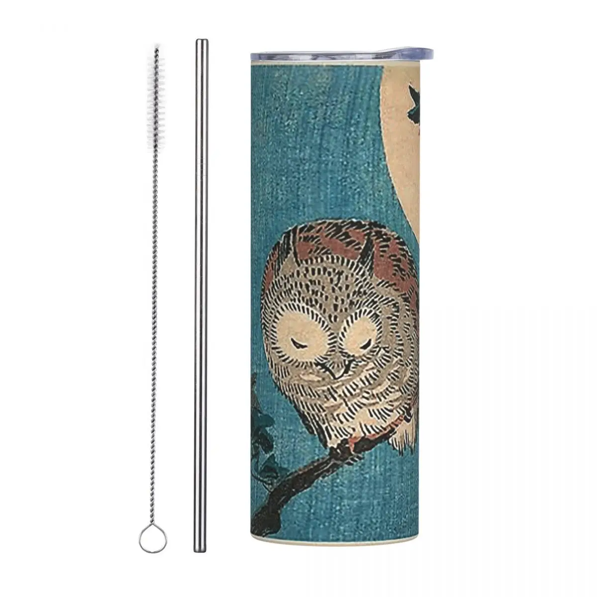 Small Horned Owl On Maple Branch Under Full Moon Stainless Steel Tumbler Insulated Mugs Thermal Cold Bottle Straws With Lid 20oz