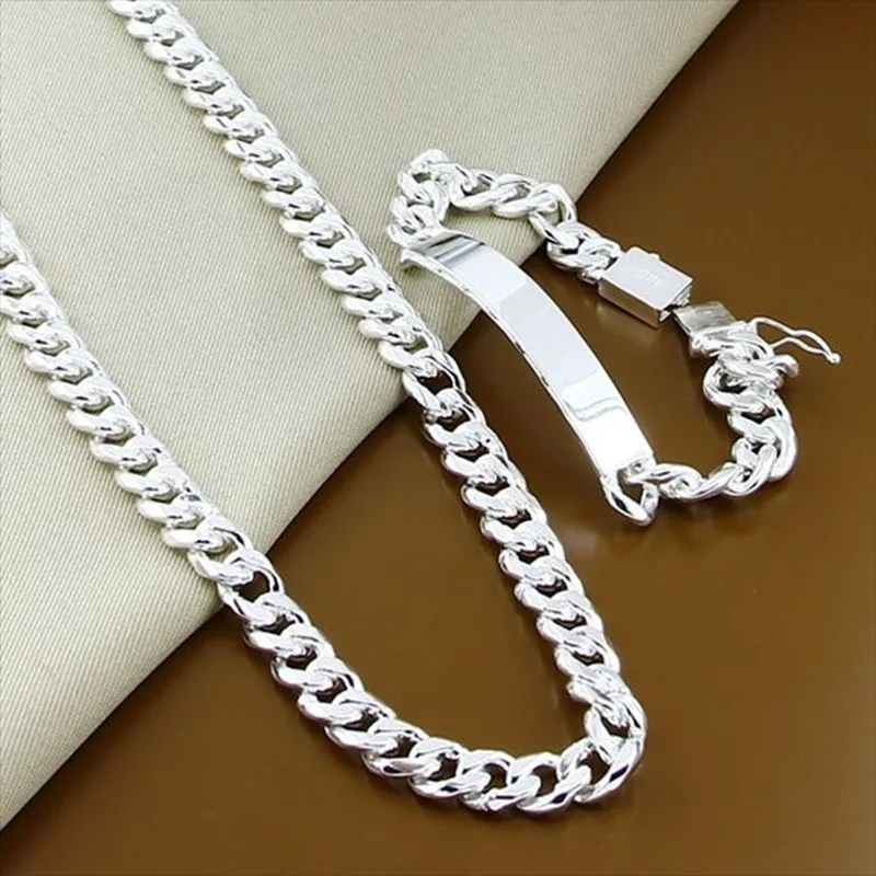 Noble Fine 925 Sterling Silver Solid 10MM Łańcuch Naszyjnik Bransoletki Zestawy biżuterii Prezent świąteczny Moda dla mężczyzn 50/55/60CM