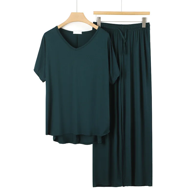 Women's Summer Modal Color-Blocked Pajama Set, Korean Style Casual Short Sleeve Wide-Leg Loungewear Pants Can Be Worn Outside - Image 3