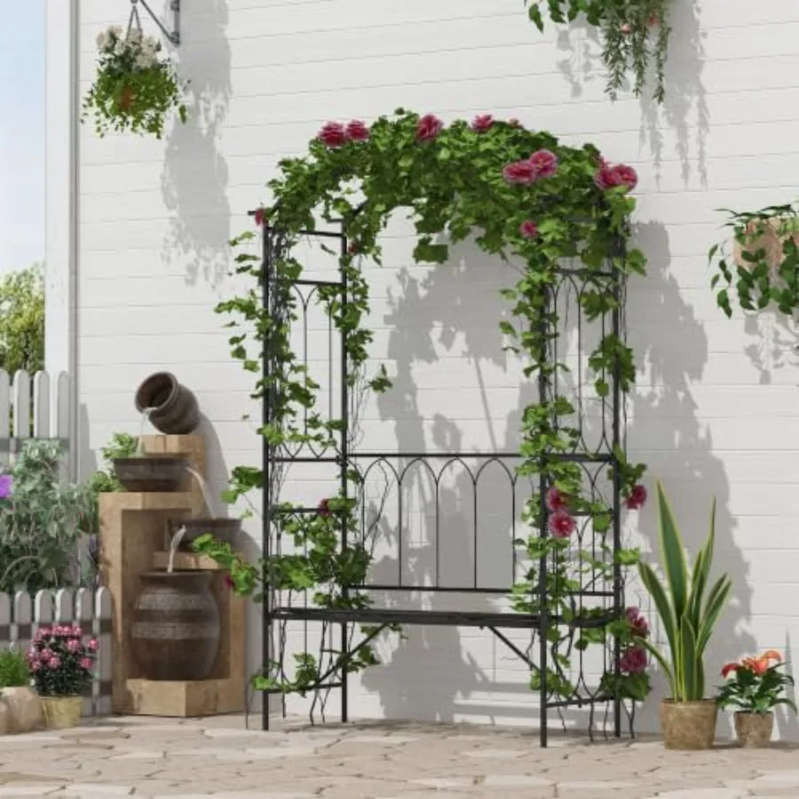 Garden trellis arbor arch with bench, steel construction, black finish, heavy-duty 484 lbs capacity for outdoor use