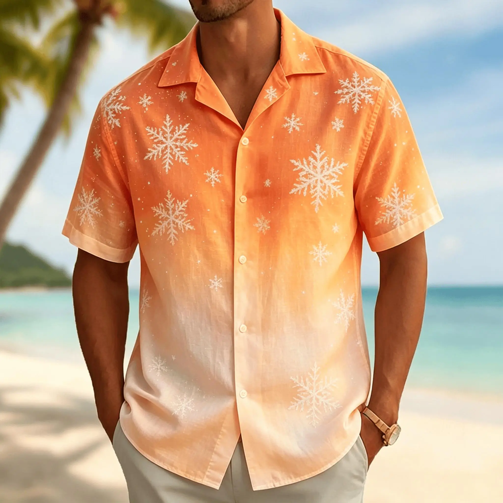 

Men's Snowflake Print Short Sleeve Shirt, Casual Hawaiian Button Down Top, Tropical Holiday Beach Style for Spring & Summer