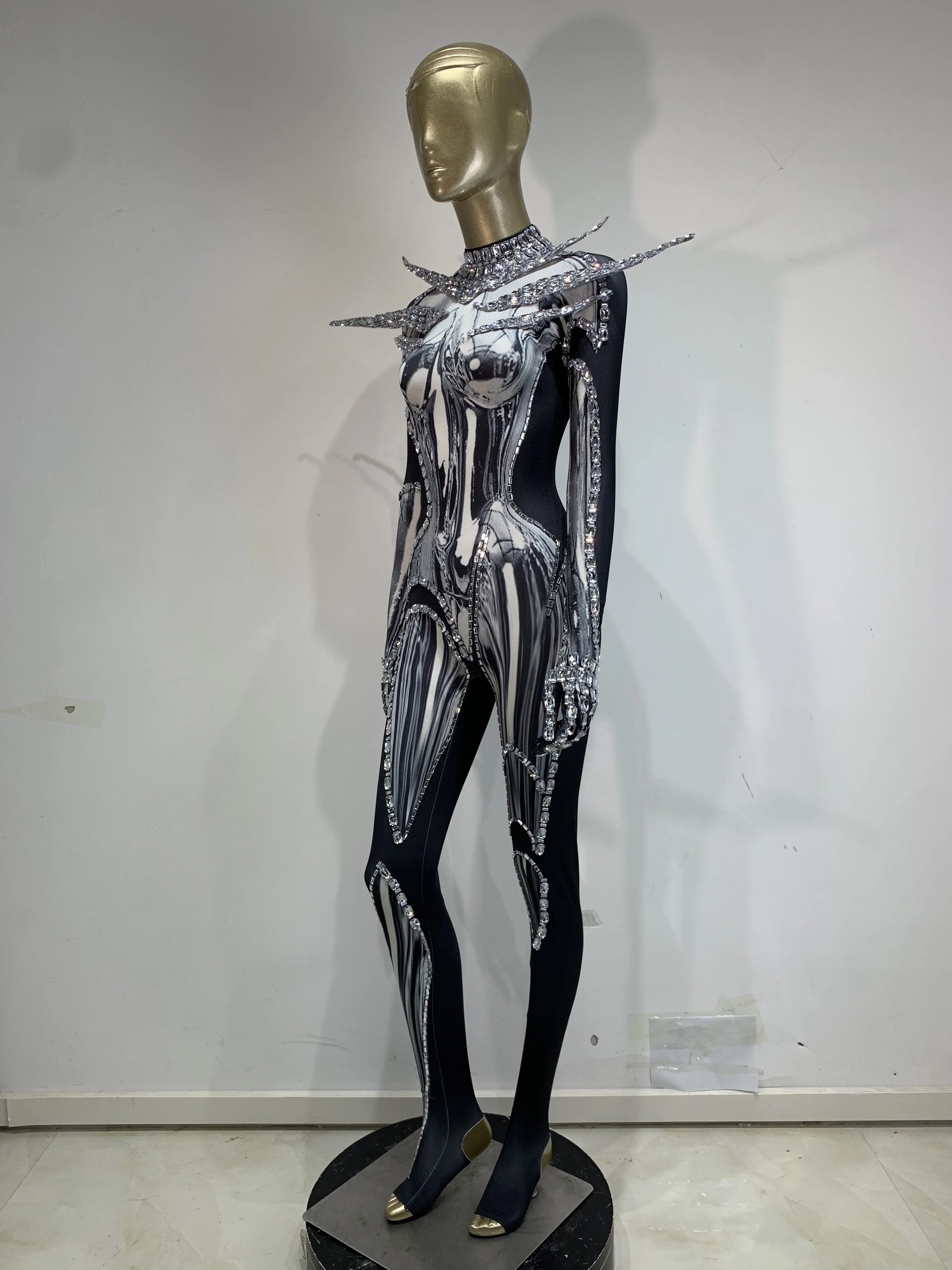 Sparkly Rhinestones  Sexy Bodycon Long Sleeve Stretch Jumpsuit Birthday Evening Party Singer Dancer Performance Stage Costume