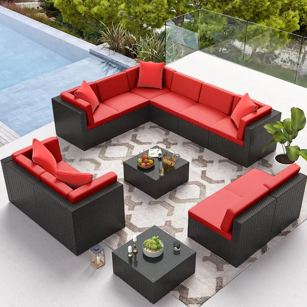 Outdoor PE Rattan secional Sofá, Conjuntos de Móveis Pátio, Almofadas engroçadas, Mesa de Vidro para Jardim, Vermelho, 12 PCs