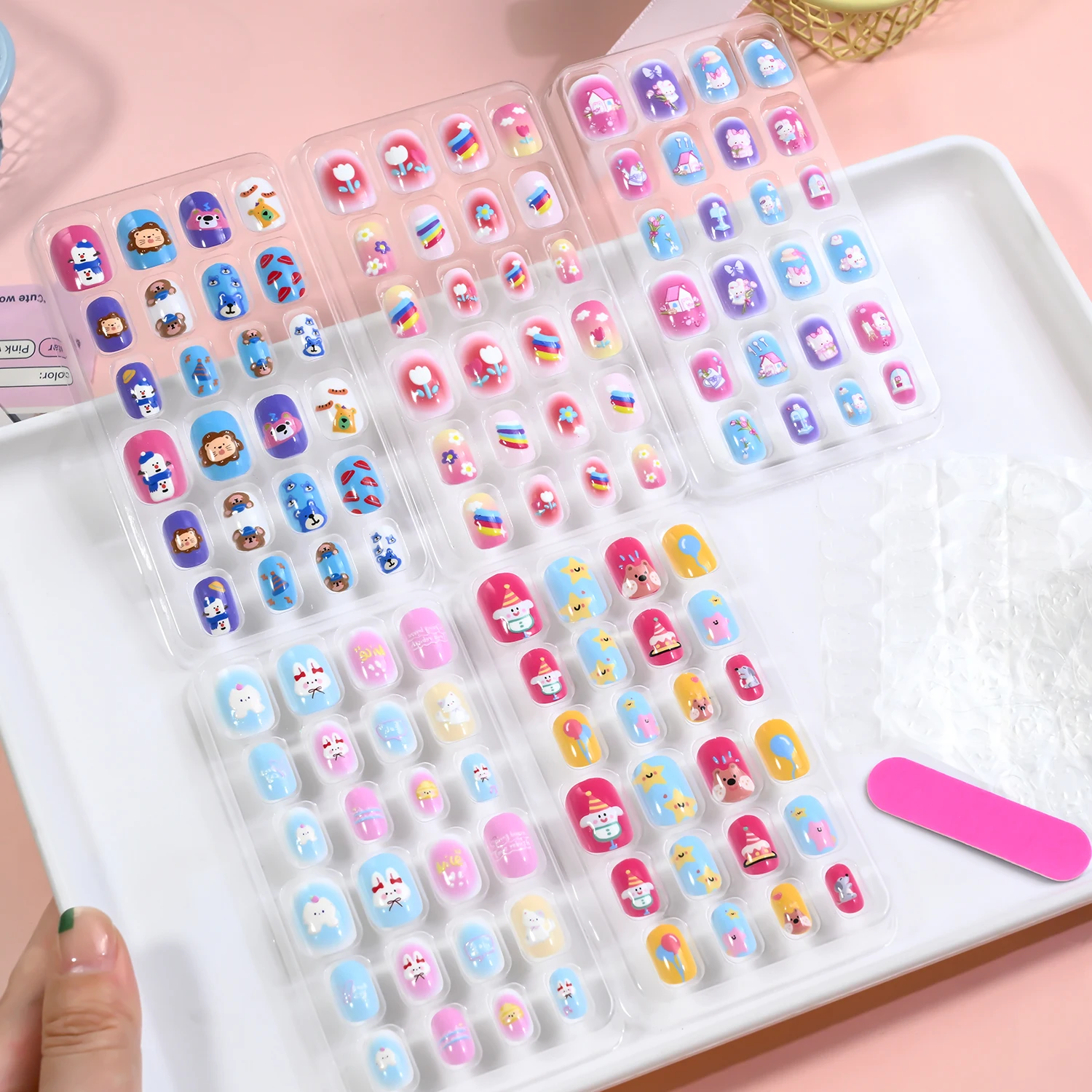 5set Cartoon Animal Kids Cute Press On Nails Candy Color Flower Fruit Conch Children False Nails Kawaii Short Square Fake Nails