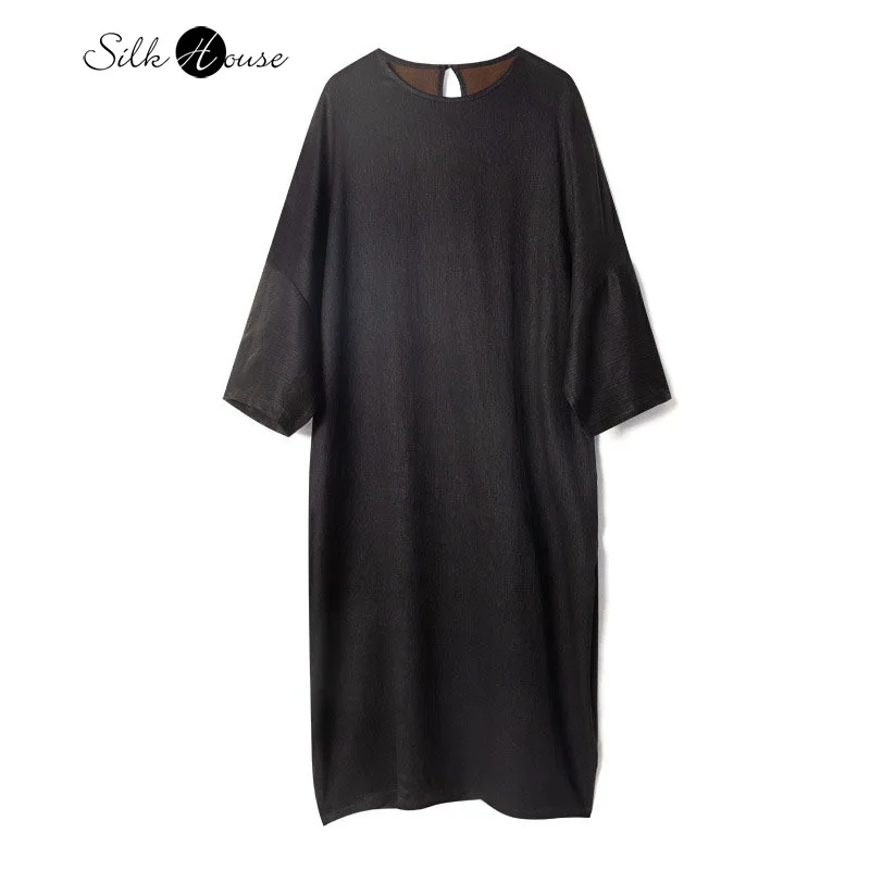 

2025 Women's Fashion Autumn New Simple Versatile Black Pinstripe 100% Natural Mulberry Silk Fragrant Cloud Yarn Loose Dress
