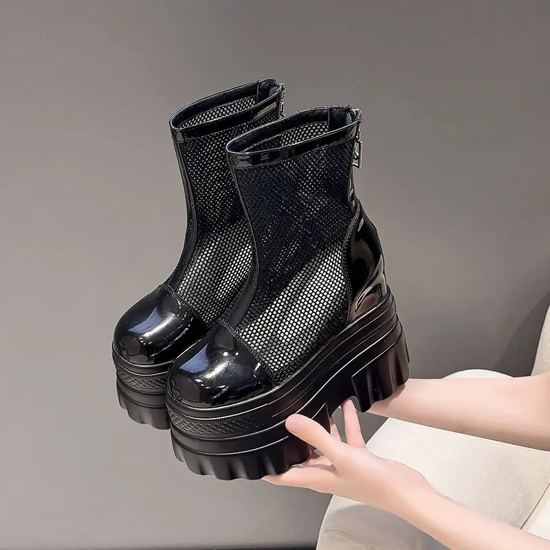NOUVEAU – Bottines d'été respirantes et confortables pour femme, à plateforme compensée épaisse de 13 cm, avec surface en maille, talons hauts rehaussants, style mode