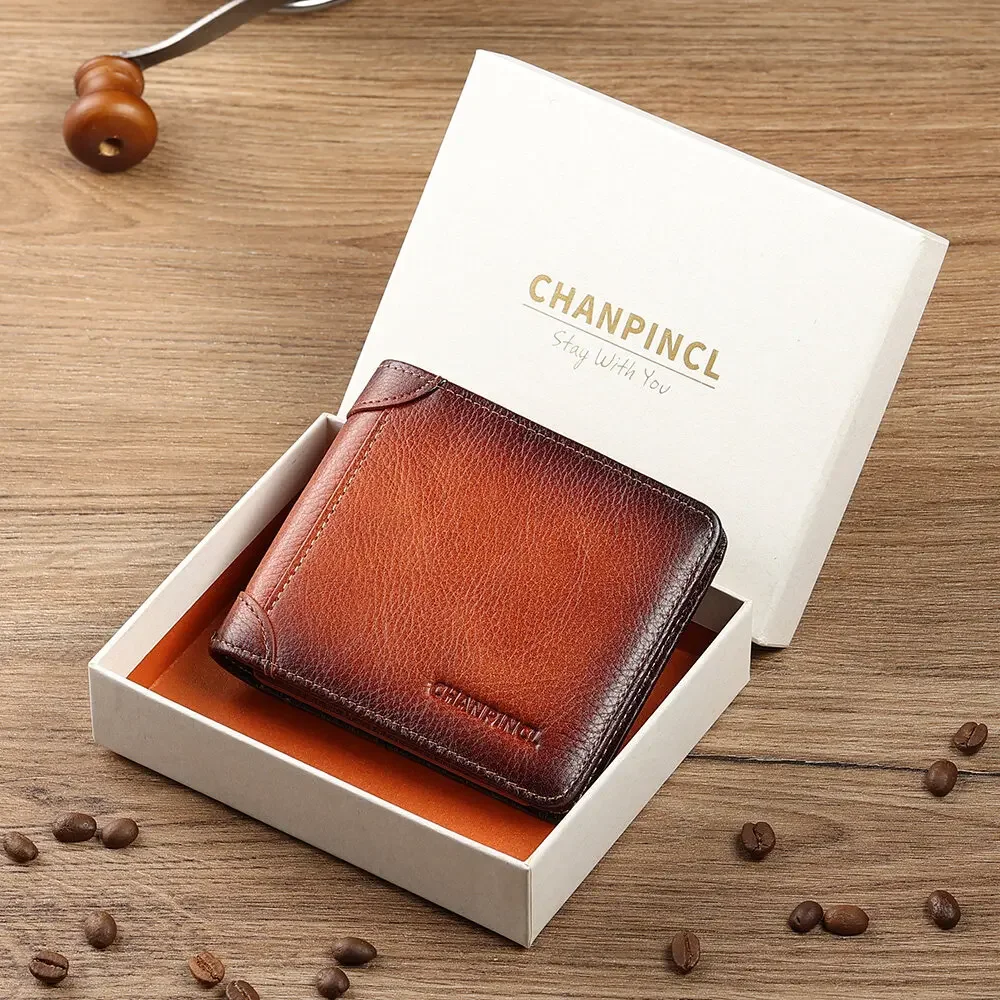 

CHANPINCL Men's Italian Antique Leather Short Tri-Fold Wallet – Slim Vintage, RFID Blocking & Gift Box