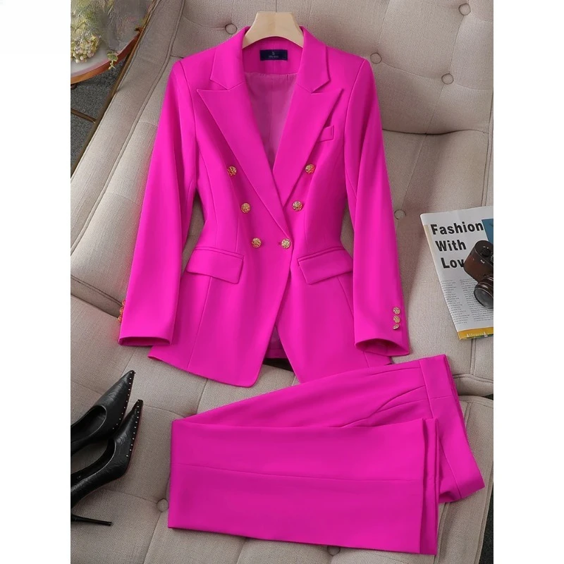 

Button Decoration Formal Jacket Blazer and Trouser 2 Piece Set Fashion Pink Green Black Ladies Work Wear Pant Suit Women