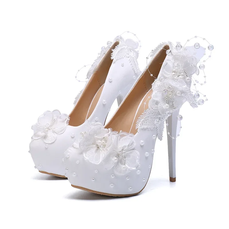 Pumps for Women Shoes Fashion Shallow String Bead Wedding PU 14CM Thin Heels Platform 3.5cm Lace Flower Pearl Lovely Woman Shoes