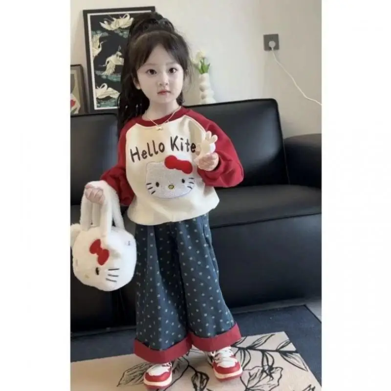 Lente Winter Kind Afdrukken Kleur Bijpassende Hoodie Broek Pak Kawaii Cartoon Kt Kat Veelzijdige Tops Lange Mouwen Sweatshirt Jeans