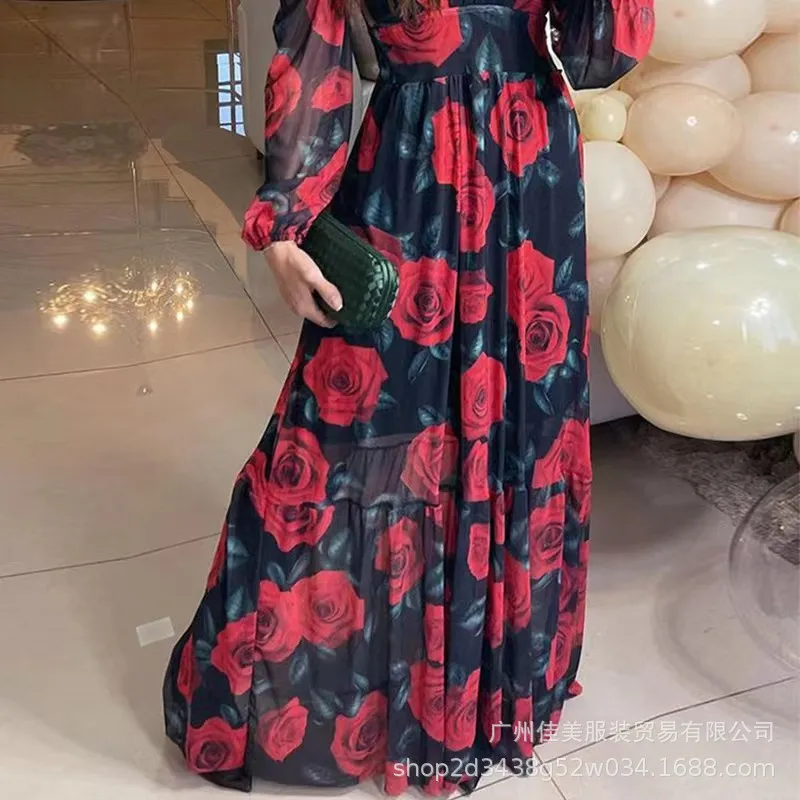 2024 Spring Autumn New Women\'s Clothing Chiffon Floral Printed V-neck Long Sleeve Fashion Large Swing Dress