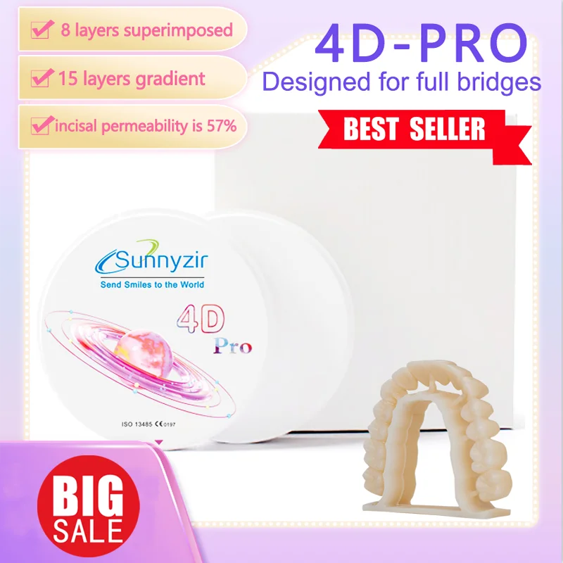 Sunnyzir B4 bloco de zircônia dental multicamadas 4D PRO Materiais de laboratório Disco de zircônia de zircônio para sistema aberto CAD CAM