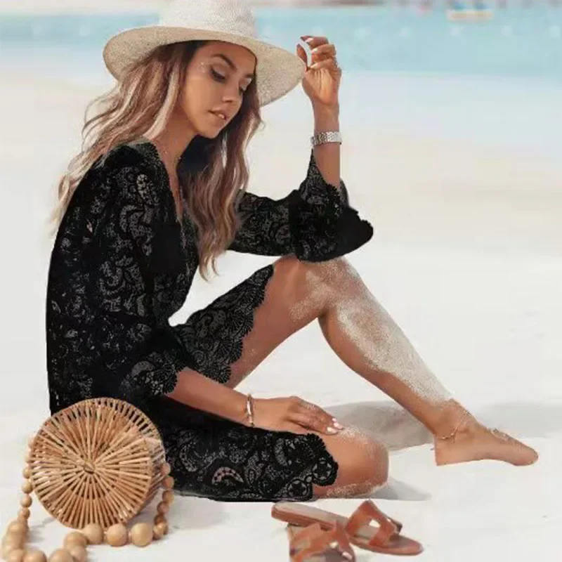 2024 Summer Mini Dress Women Lace Hollow Crochet Bikini Cover-ups Bathing Suit Swimsuit White Tunic Sarong Wrap Beachwear