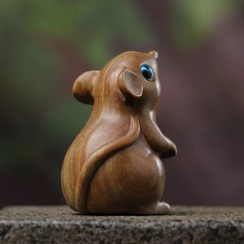Green Sandalwood Carving Rat Statuette Animal Miniature Zodiac Mouse Ornament Office desk accessories For home Decoration Gifts