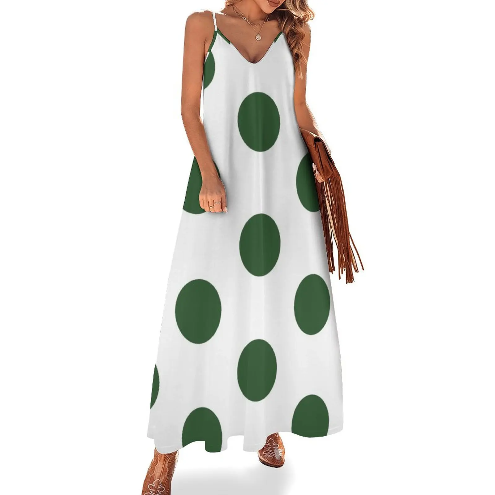 

Large PINE GREEN and WHITE POLKA DOTS Sleeveless Dress elegant dresses plus sizes evening dress clothes for woman