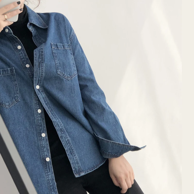 S-5XL Denim Shirt for Women Oversize Turn Down Collar Full Sleeve One Breasted Solid Blouses Spring Female Jean Tops