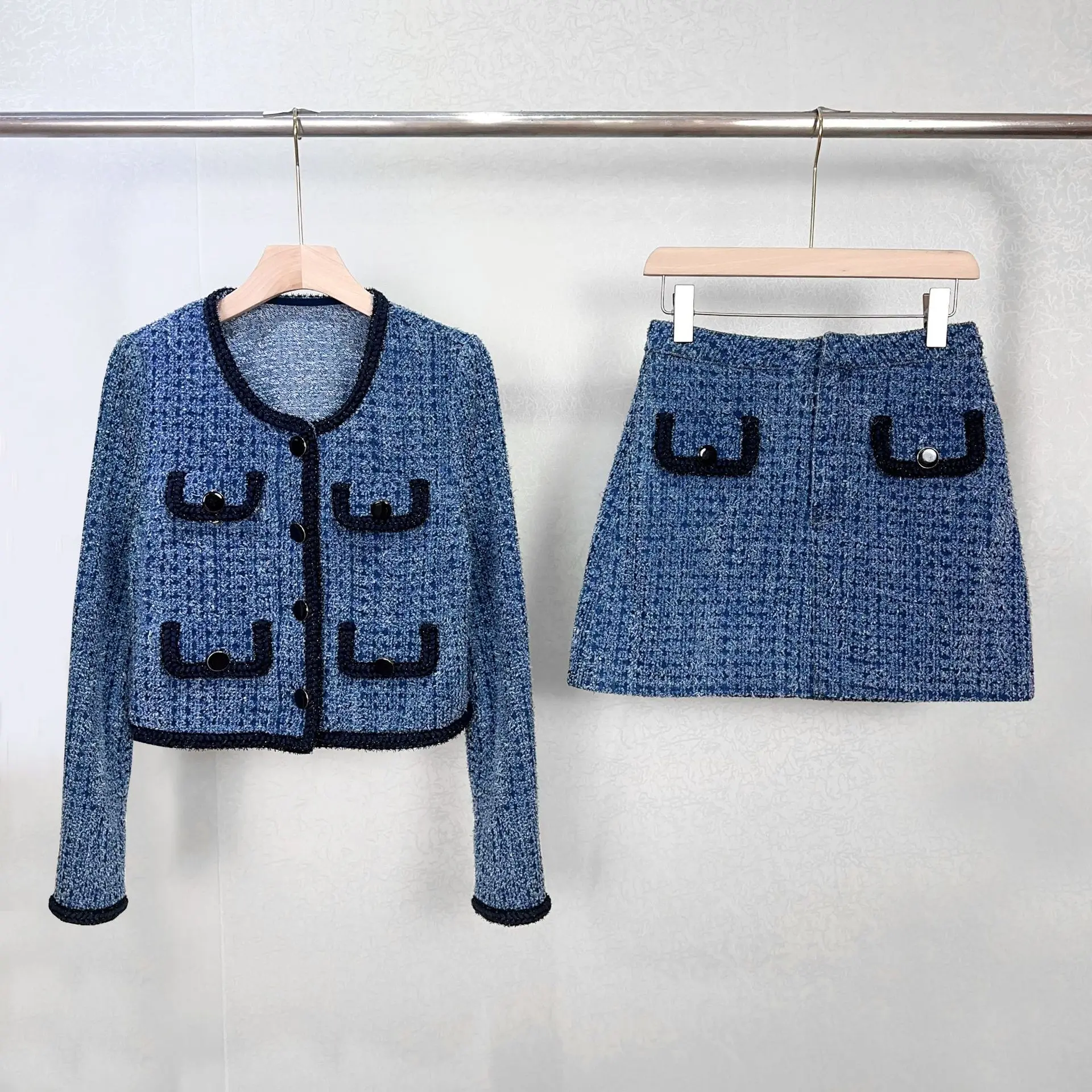 Blue Tweed Jacket or Mini Skirt Set for Women Contrast Color A-line Short Skirt or O Neck Single Breasted Coat Suit Fall 2024