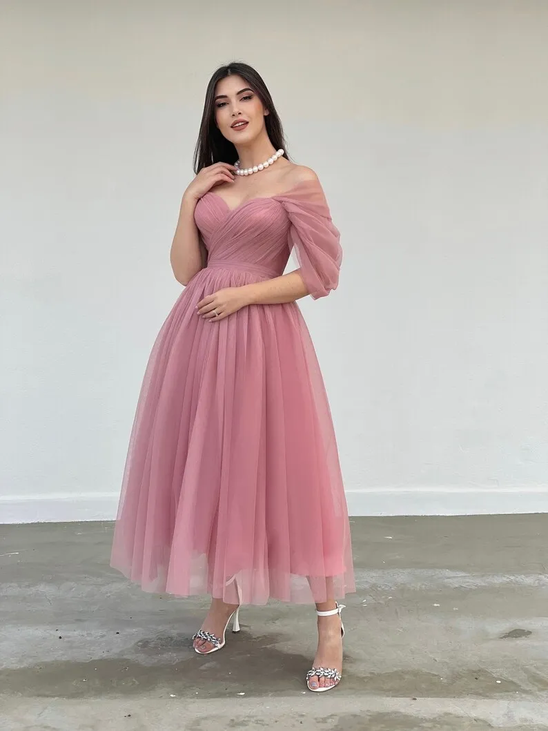 Elegant Off the Shoulder A-line Evening Dresses Tulle Sweetheart Tea-Length Party Dress With Cross-Pleats Wedding Guest Gowns