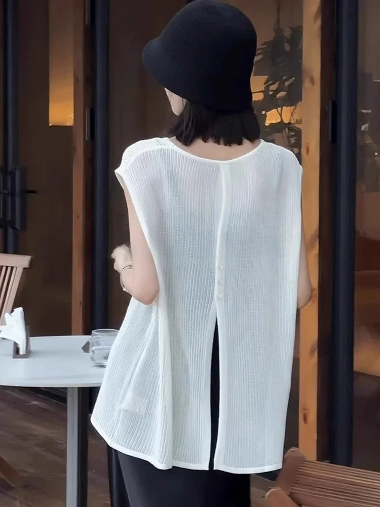 

ROUJE NAIVE вязаный топ из ледяного шелка, круглый жилет Ne Svel, свободная летняя женская футболка с разрезом Ba, удобная дышащая