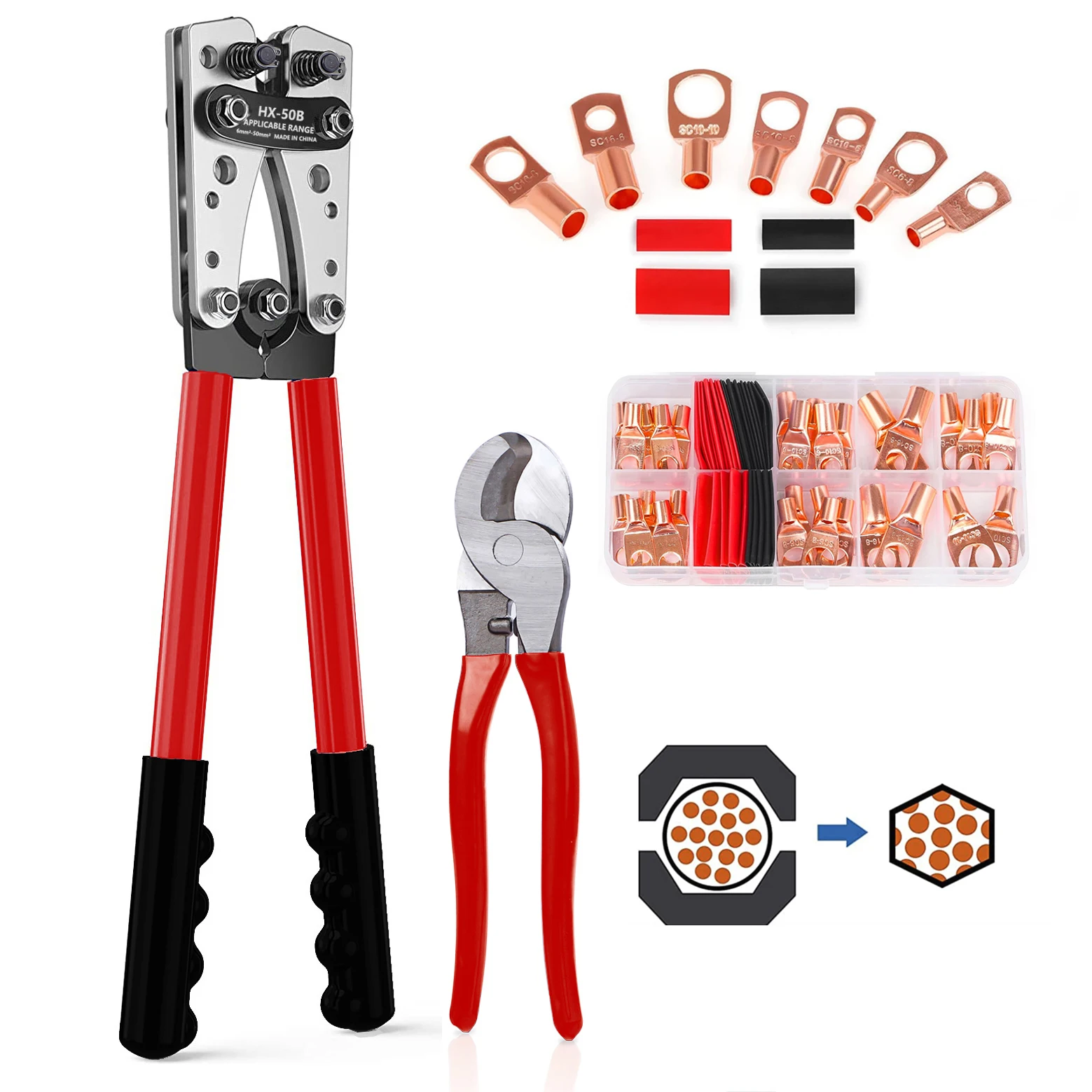 Hx-50b Battery Cable Lug Crimping Tool Kit Cable Cutter Copper Lug Assortment Heat Shrink Tubing Wire Crimper For Electrical Kit