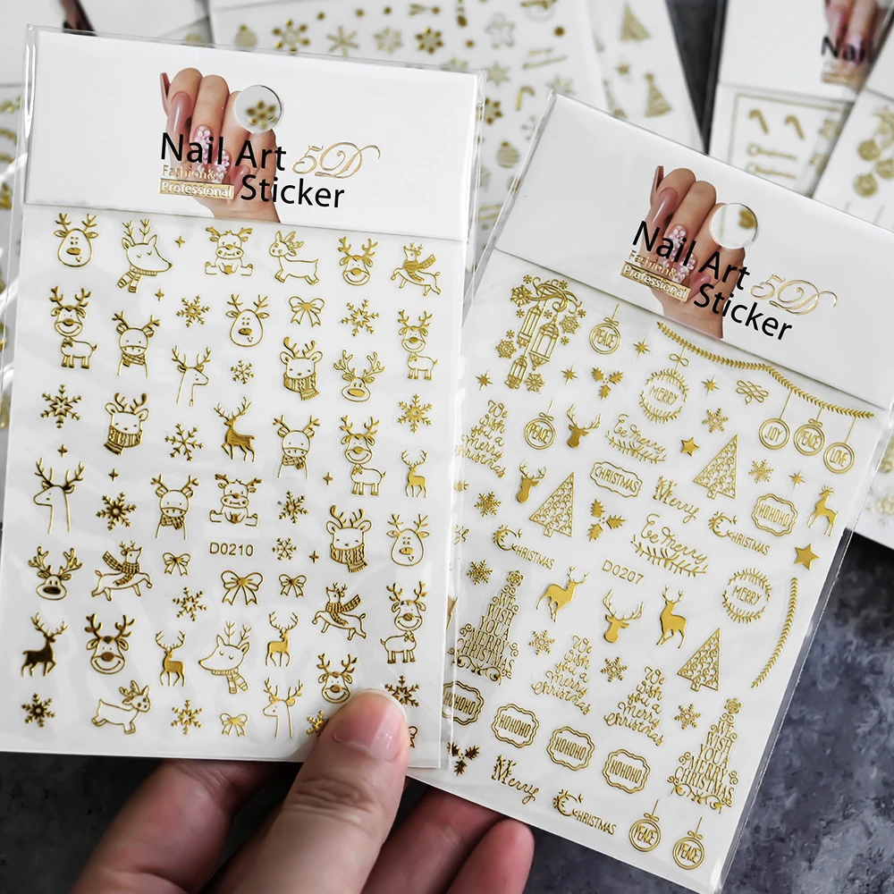 1pcs 3D Christmas Nail Stickers Gold/Red Elk Snowflake Bell Nail Decals Self-Adhesive Winter Xmas Stickers For Nail Decoration