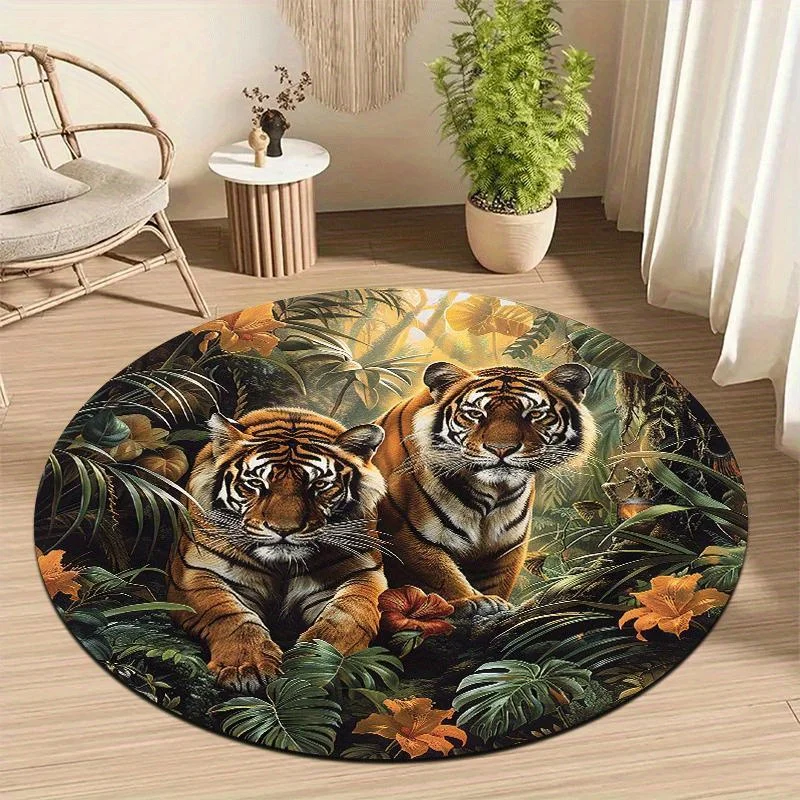1pc Majestic Tiger Jungle Floor Mat - Non-Slip Round Mat with Two Tigers & Lush Foliage, Machine Washable Soft Mat for Living