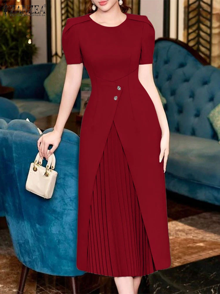 

Women High Waist Dress 2025 ZANZEA Stylish Irregular Hem Pleated Sundress Casual Short Sleeve Vestidos Elegant Solid Robe Femme