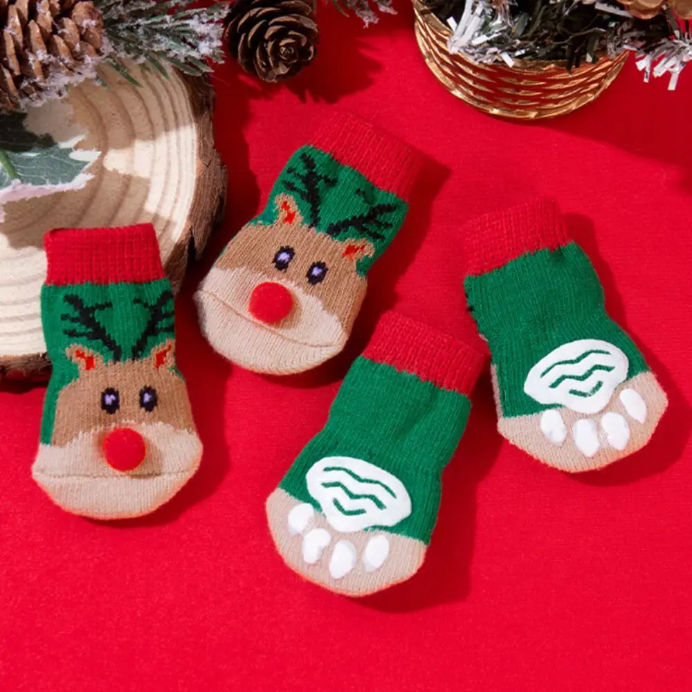 3D Red Nose Christmas Reindeer Dog Socks Elastic Breathable Pet Dog Paw Sock Non-Slip Anti-Scratch Dog Paw Protector
