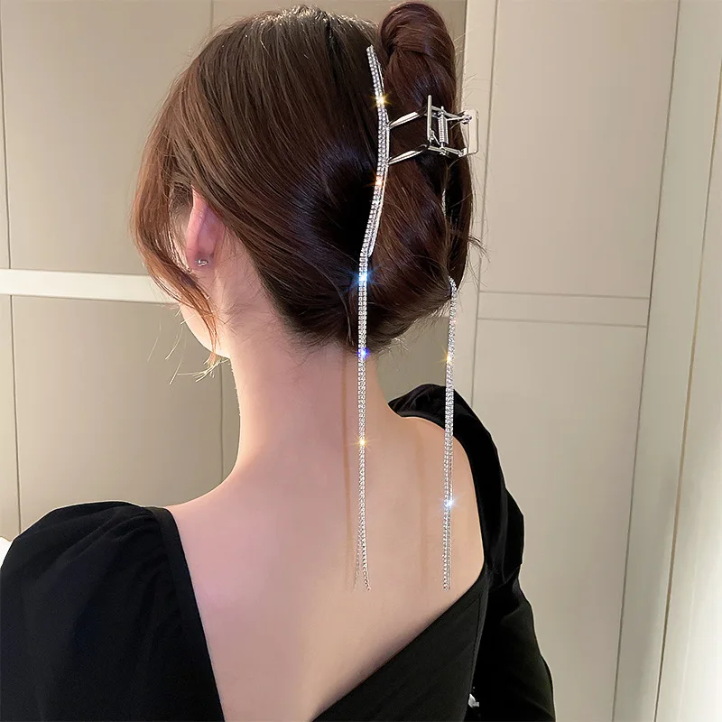 Rhinestone Tassel Geometric Hair Claw Hair Accessory Rhinestone Hair Claws With Tassel Shiny Crystal Hairpins for  main image 3