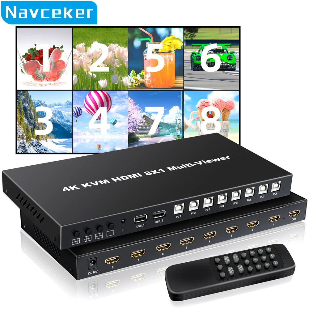 4K HDMI-compatible KVM Multiviewer Switch 8 In 1 Out 1080P Quad Screen Multi Viewer HDMI Multi-Viewer Seamless Switcher with IR