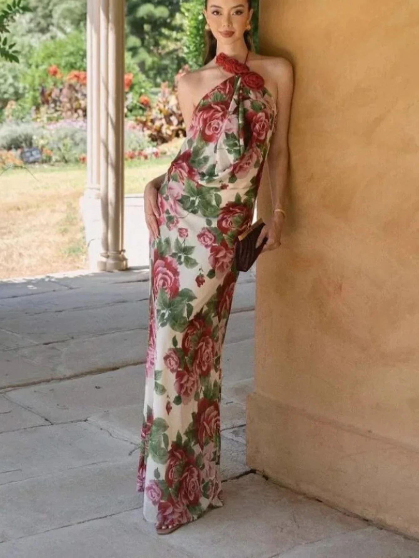 

New women's clothing hanging Bo European and American dress three-dimensional flower fashion off-the-shoulder long printed dress